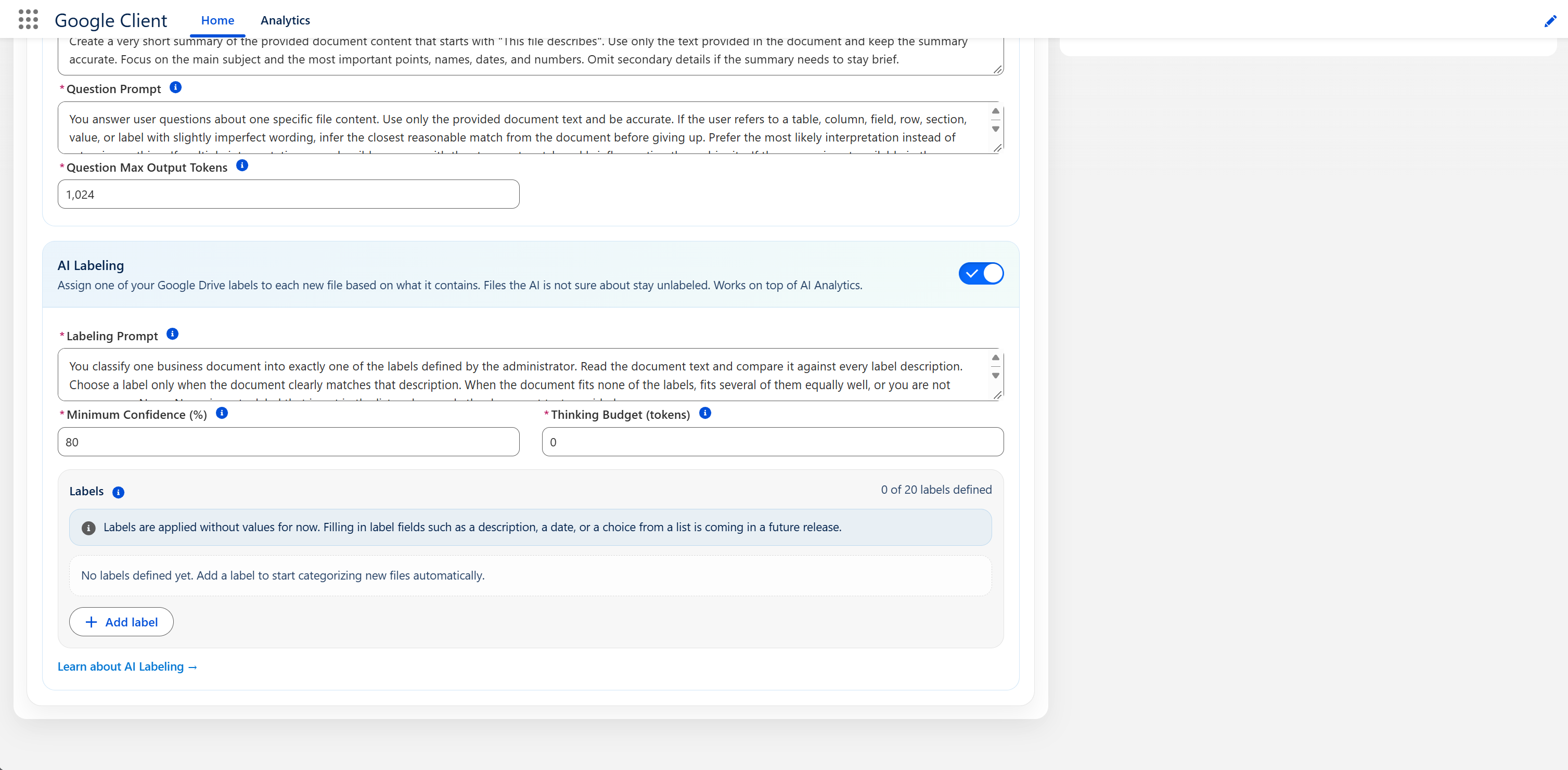 AI Labeling settings