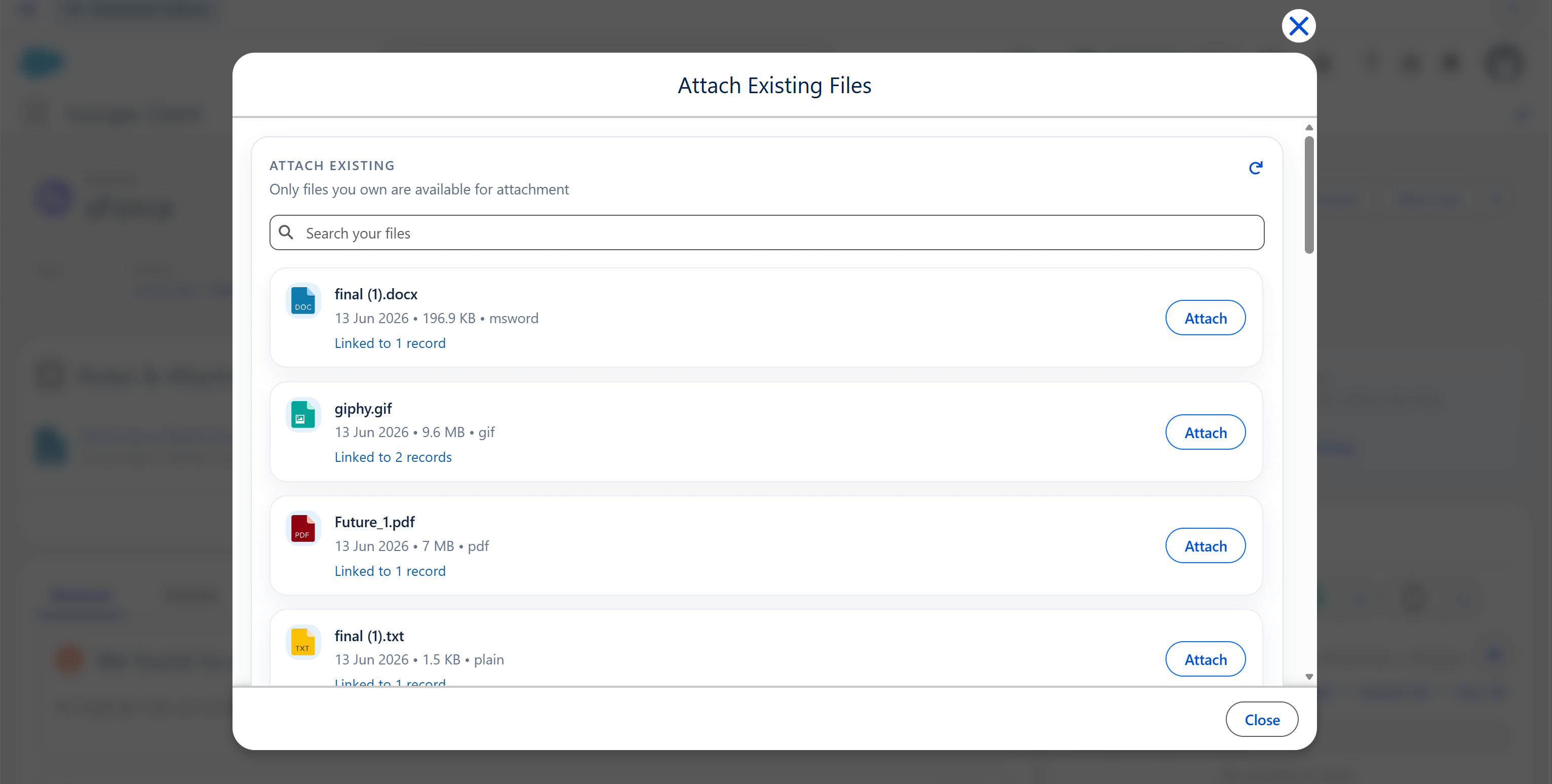 Attach Existing Files selector