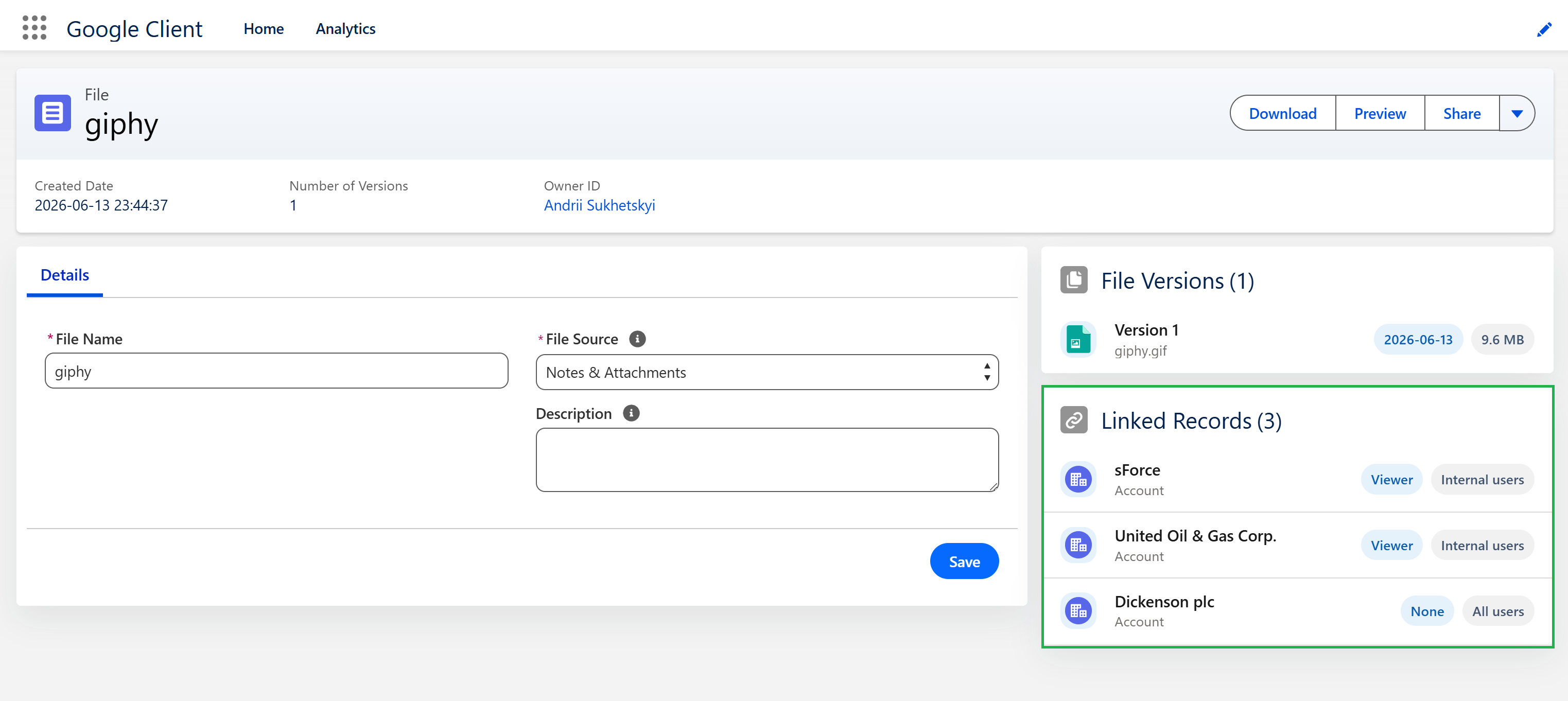 Linked Records card