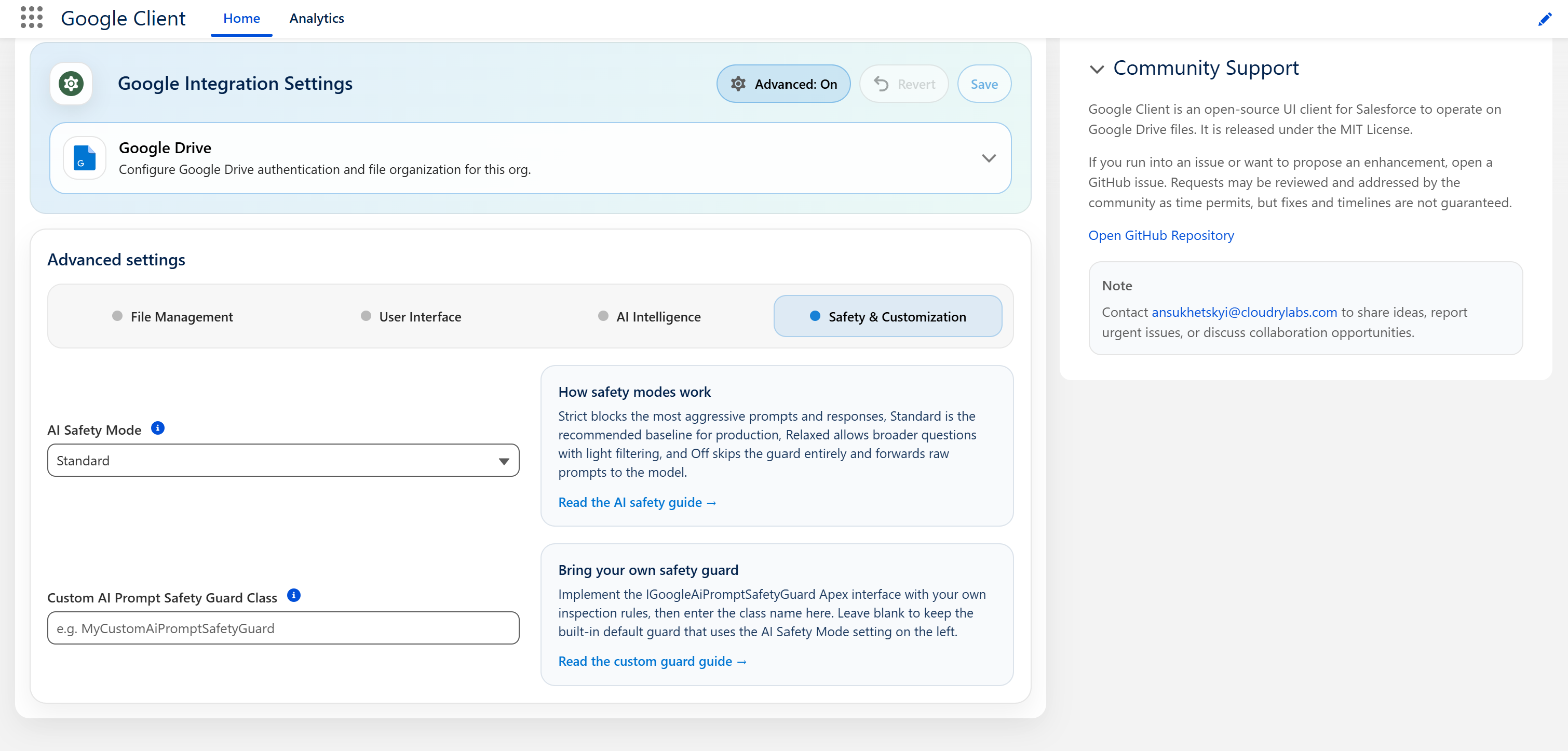 Safety and Customization tab