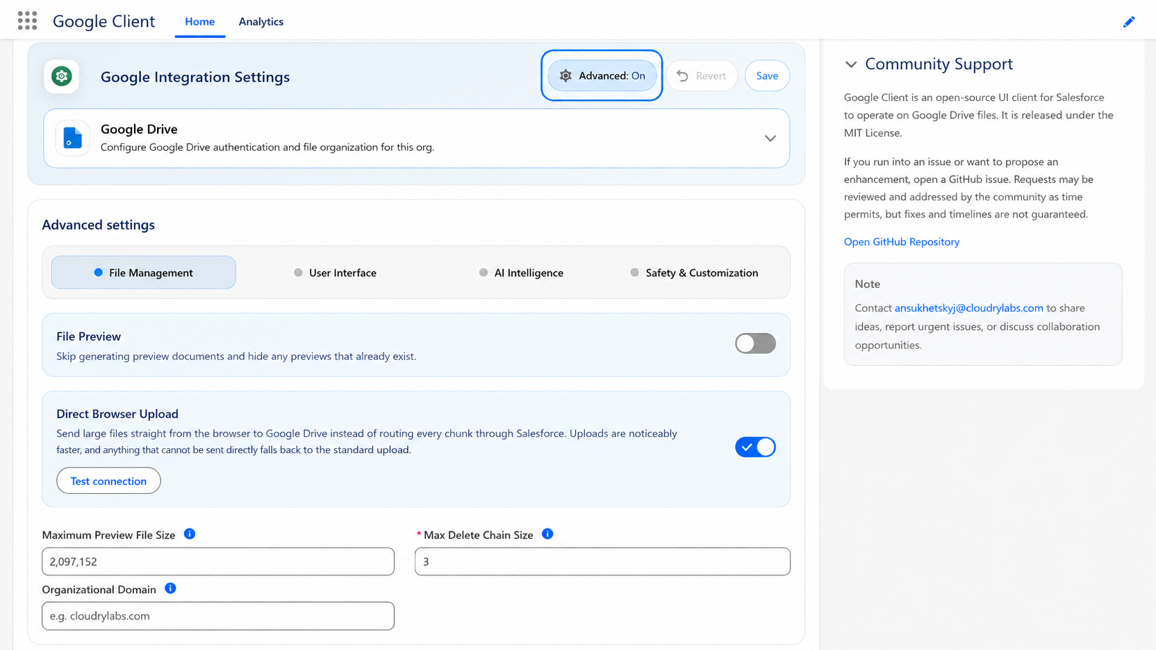 Advanced settings tabs