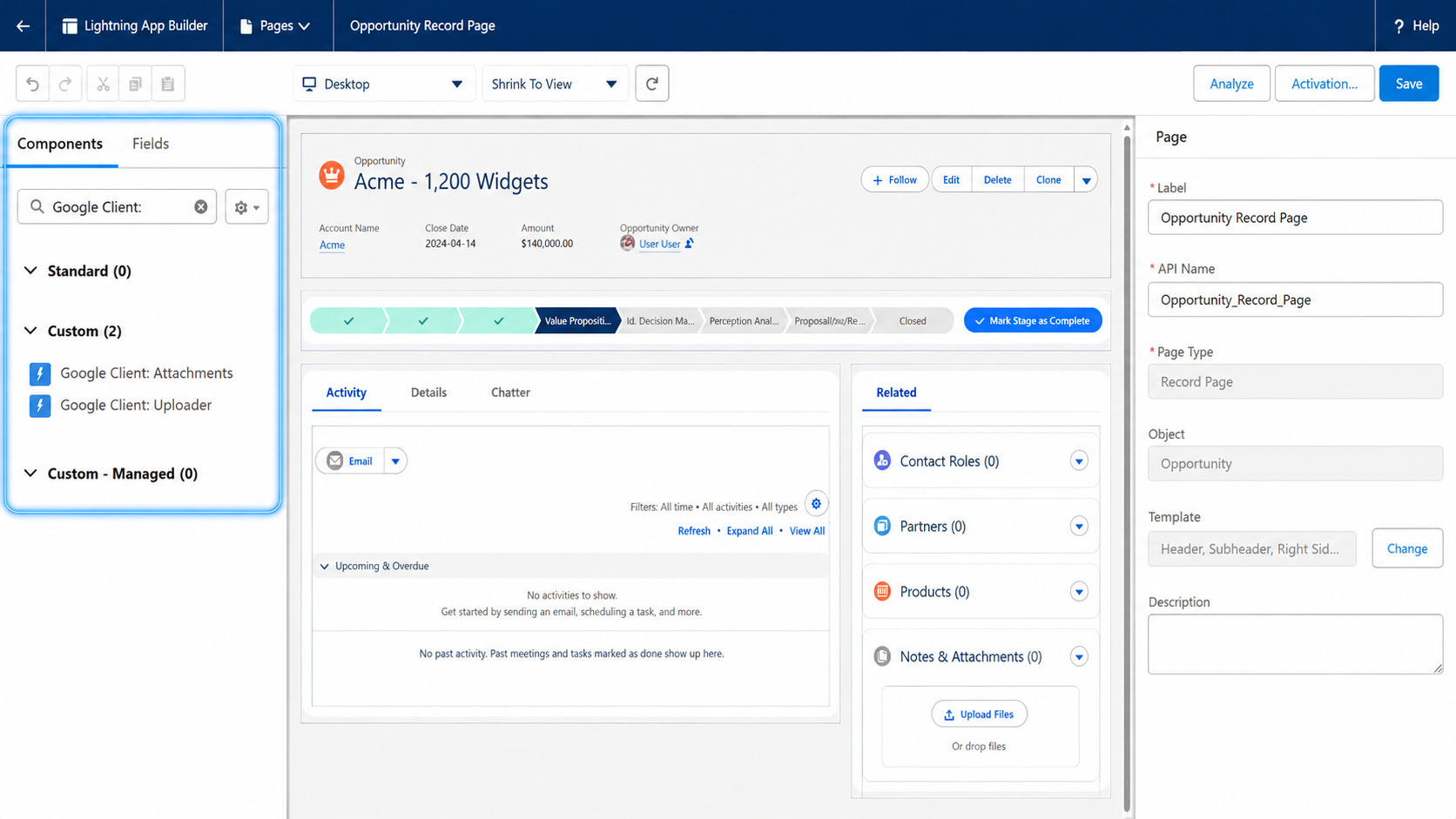 Google Client components in the Lightning App Builder